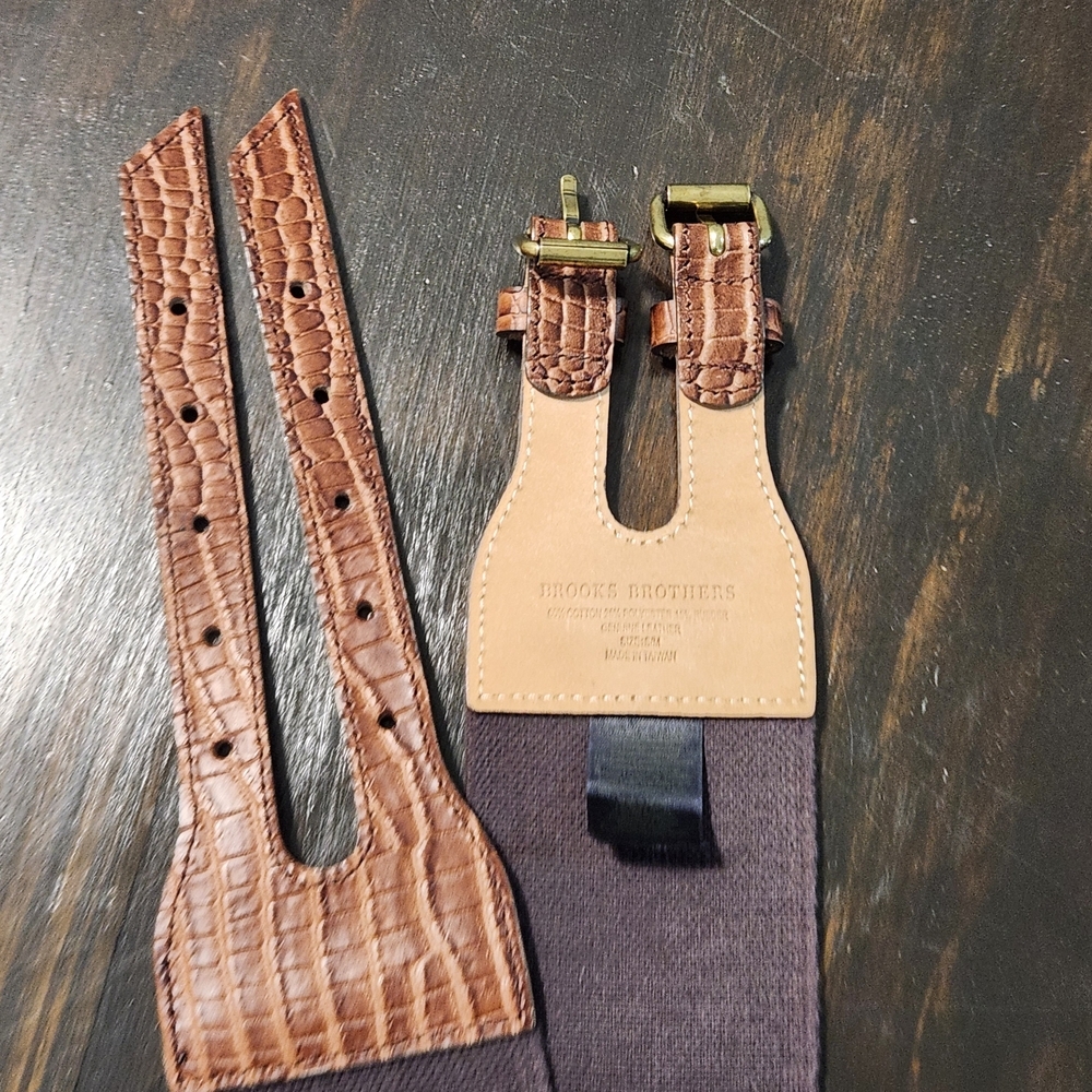 Brooks Brothers Brown Leather Elastic Croc Embossed Double Buckle Belt S/M - Picture 5 of 9
